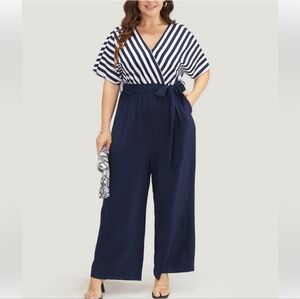 BLOOMCHIC STRIPED PATCHWORK WRAP JUMPSUIT L